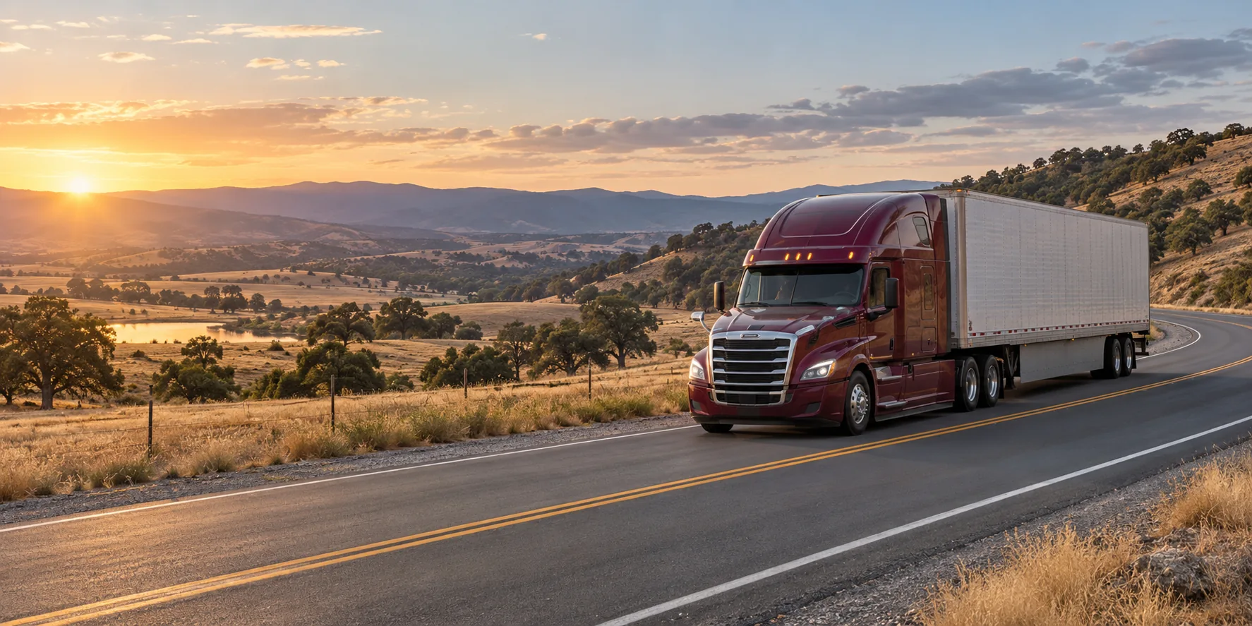AI-generated illustration of a burgundy American semi-truck traveling beside California-style open fields