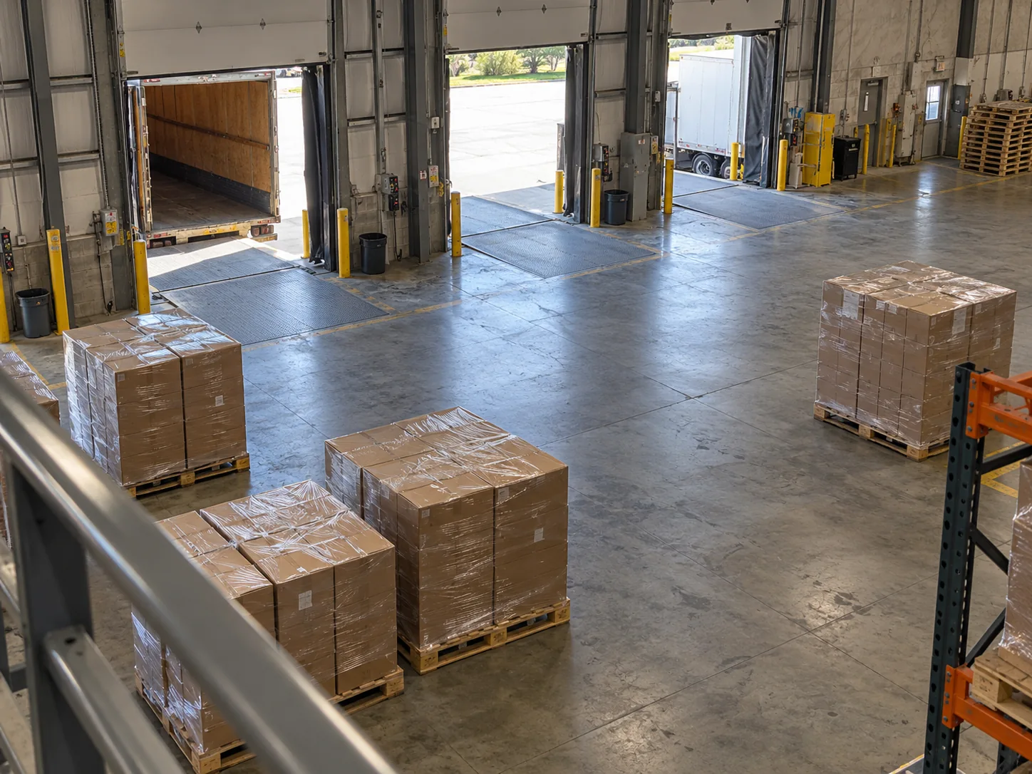 AI-generated illustration of a warehouse receiving area seen from a mezzanine