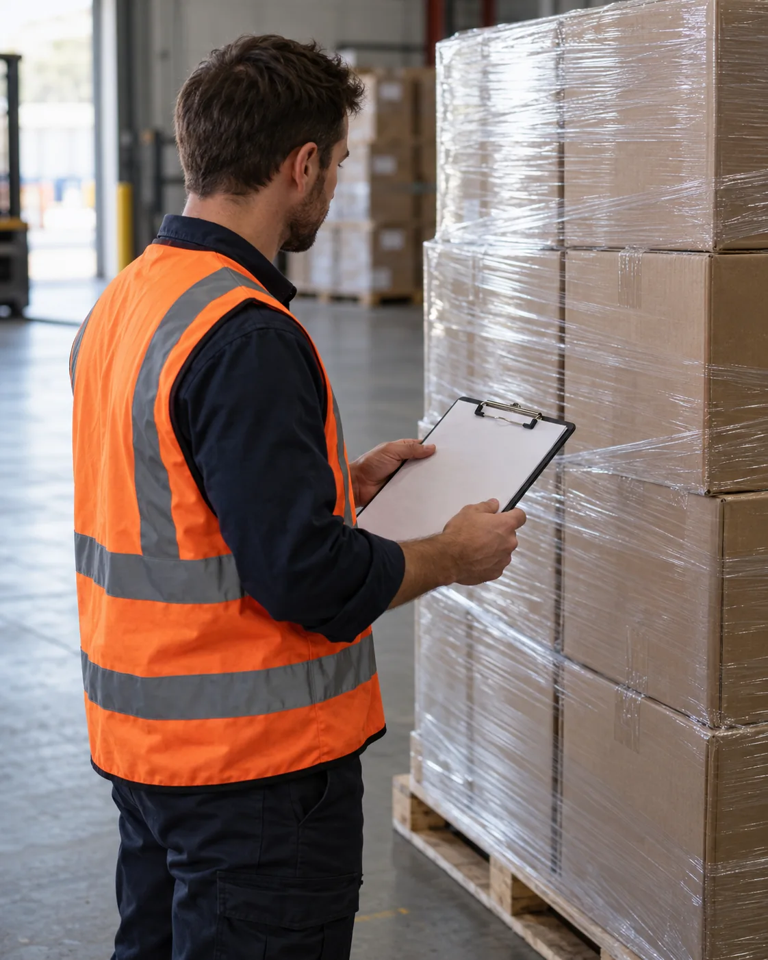 AI-generated illustration of a worker reviewing cargo paperwork beside a wrapped pallet